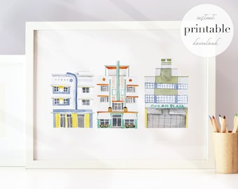 May include: A watercolor illustration of three Art Deco buildings in pastel colors. The buildings have geometric designs and are set against a white background. The text "Ocean Plaza" is visible on the rightmost building.