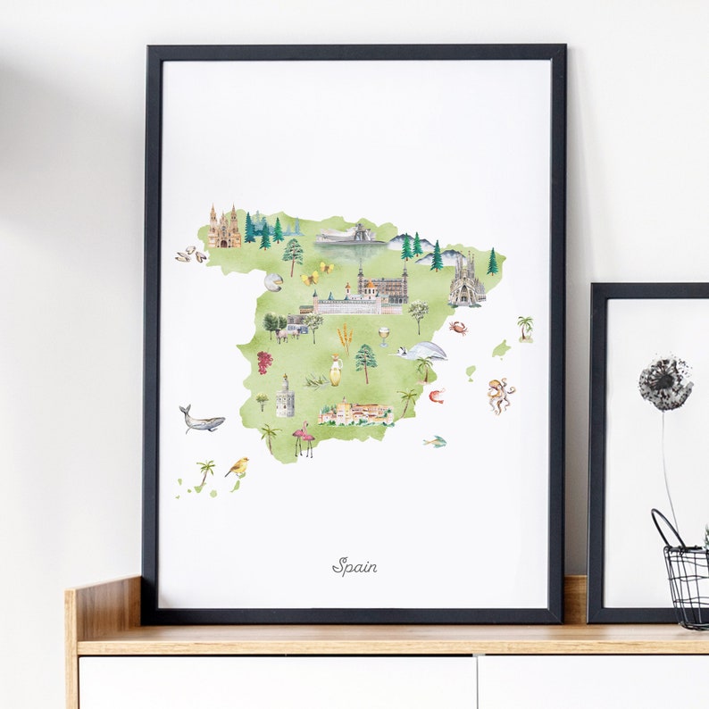 Puede incluir: Una ilustraci&oacute;n de acuarela de Espa&ntilde;a con monumentos y s&iacute;mbolos. El mapa es verde y blanco con un contorno negro. La palabra "Espa&ntilde;a" est&aacute; escrita en negro en la parte inferior del mapa.