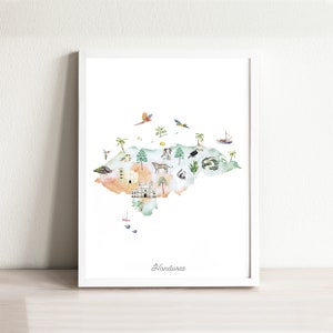 Honduras Map Art Print Illustriert, Wohndekor, Reise-Plakat, Kartendruck, Fernweh, Reisekunst, Kinderzimmer