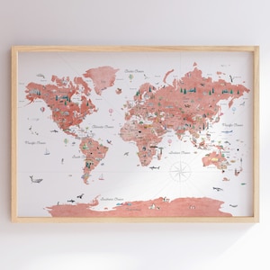 Gerahmte Lernweltkarte | Politische Weltkarte | Weltkarte Print | Kinderzimmer Weltkarte | Kinder Reise Weltkarte | Aquarell Landkarte | Tiere