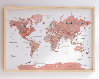 Framed Educational World Map | Political World Map | World Map Print | Nursery World Map | Kids Travel World Map | Watercolor Map | Animals