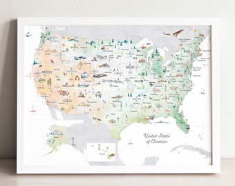 Gradient Educational United States Illustrated Map Art Print | Nursery Decor Wall Art | Wedding Gift | USA Travel Map | America Map