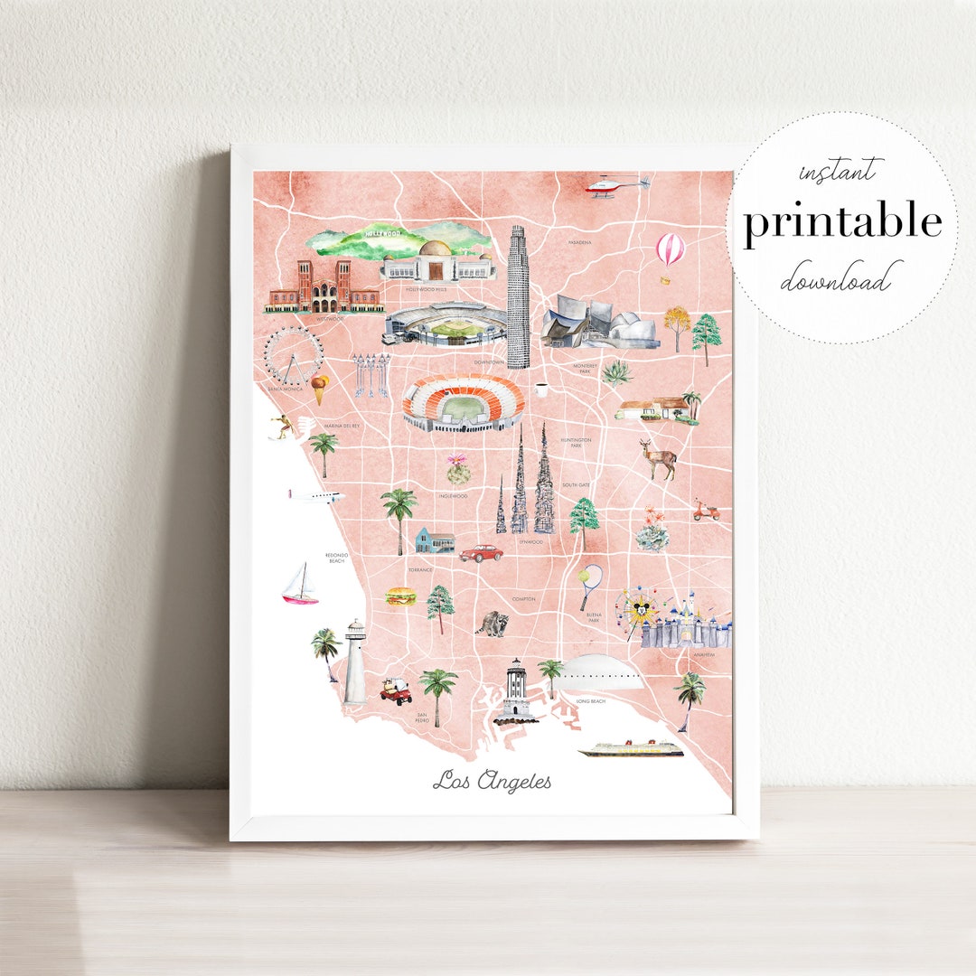 Los Angeles Map Printable City Map Wall Art Print Kids Room Decor Home ...