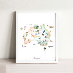 Impression d'art carte de l'Australie illustrée, décoration murale, décoration de chambre d'enfant, affiche de carte du monde, oeuvre d'art pour chambre d'enfant, carte de voyage, aquarelle, impression de carte, chambre d'enfant
