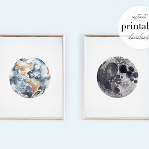 Earth Moon Printables | nursery art, space art, wall decor, bedroom decor, office decor, kids room decor, birthday gift, planets, boho decor
