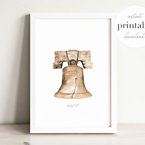 Liberty Bell Imprimible, ilustración, impresión de arte de pared, decoración de guardería, puntos de referencia de EE. UU., habitación para niños, impresión de viaje, dibujo de punto de referencia, filadelfia