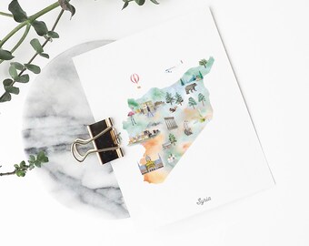 Syria Illustrated Map Art Print: Watercolor Landmarks (Digital Download)