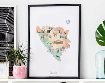 Bosnia and Herzegovina Map Print: Watercolor Landmarks & Animals (Digital Download)