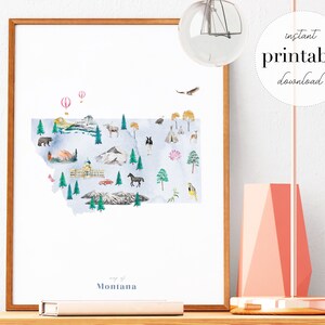 Montana Printable State Map, Illustrated Wall Art Print, Nursery Decor ...