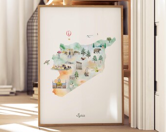 Syria Map Art Print: Illustrated Watercolor Travel Decor