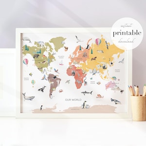 Mapa del mundo imprimible en tonos tierra para guardería / Mapa del mundo para educación en casa / Mapa del mundo para habitación infantil / Mapa del mundo / Impresión artística para decoración de guardería