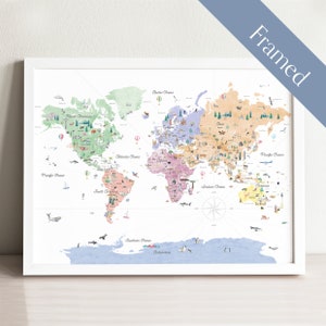 Framed Educational World Map | Political World Map | World Map Print | Nursery World Map | Kids Travel World Map | Watercolor Map | Animals