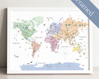 Framed Educational World Map | Political World Map | World Map Print | Nursery World Map | Kids Travel World Map | Watercolor Map | Animals