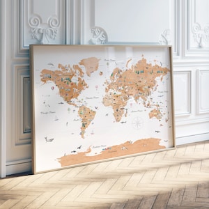 Tan Lernweltkarte Printable | Kinderzimmer Deko Weltkarte | Länder Karte Drucken | Weltkarte Wandkunst | Homeschooling Montessori