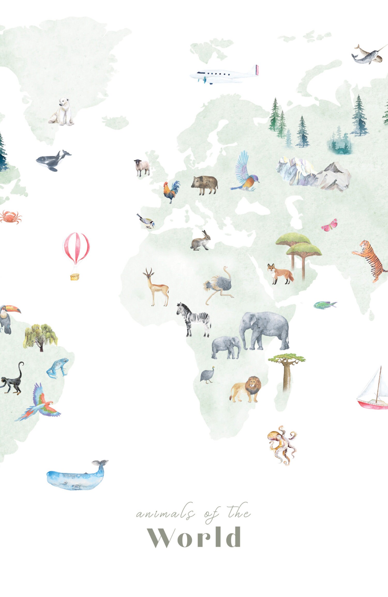Animals of the World Map Printable Wall Art Print Nursery | Etsy