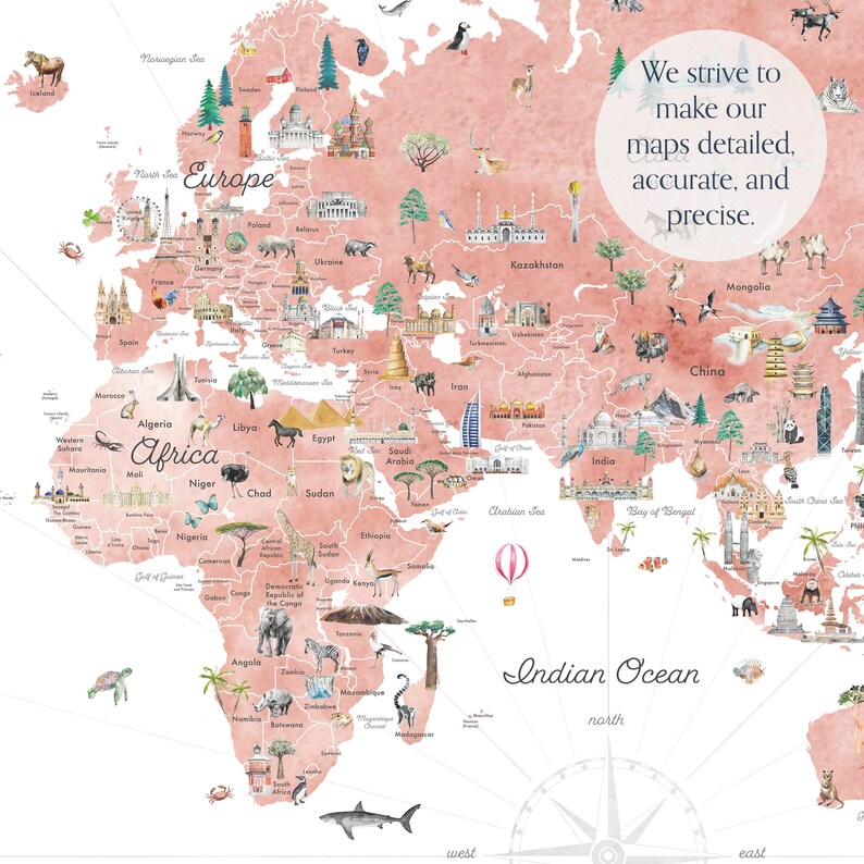 Watercolor World Map Print, Pink Nursery Decor (Digital Download) image 5