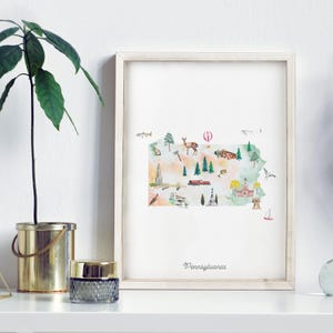 Pennsylvania Printable State Map, illustrierte Wandkunst, Poster für Kinder, Kinderzimmer, Poster für die Stadt