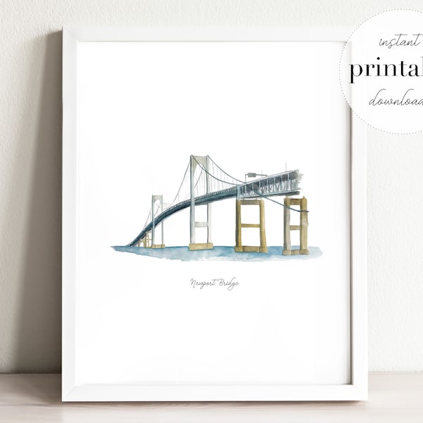 Newport Bridge Printable | Bridge Watercolor Illustration | Travel Watercolor Art Print | Landmark Illustration Home Decor | Rhode Island