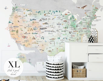 United States Map Wall Decal | nursery decor, nursery art, kids usa map, travel map, poster map, wall cling, wallpaper map, america, nursery