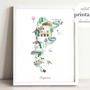Argentina Illustrated Map Printable, wall art print, nursery decor, landmarks, kids room, travel print, drawing, animal map, country map