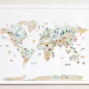 Illustrated World Map | Kids Room World Map | Personalized Nursery Decor | Cute World Map Poster | Kids World Map | Watercolor World Map