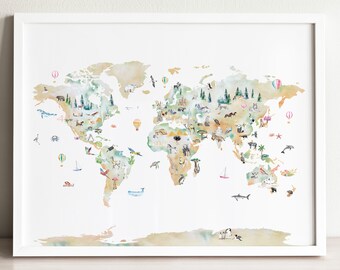 Illustrated World Map | Kids Room World Map | Personalized Nursery Decor | Cute World Map Poster | Kids World Map | Watercolor World Map