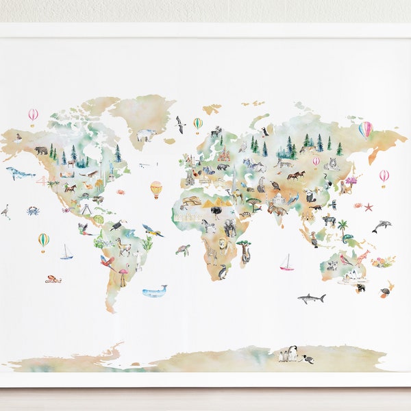 Illustrated World Map | Kids Room World Map | Personalized Nursery Decor | Cute World Map Poster | Kids World Map | Watercolor World Map