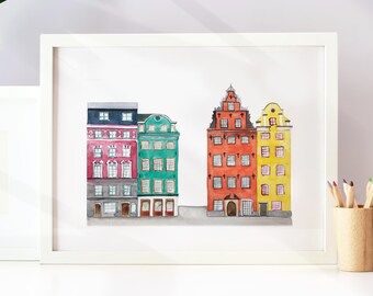 Stockholm Art Print: Gamla Stan Watercolor Streetscape (Digital Download)
