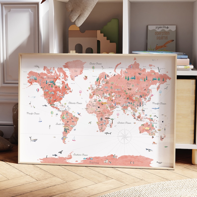 Watercolor World Map Print, Pink Nursery Decor (Digital Download) image 1