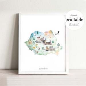 Roumanie Illustrated Map Imprimable, impression d’art mural, décoration de chambre d’enfant, point de repère, chambre d’enfants, impression de voyage, dessin, carte du pays, carte de la Roumanie, boho