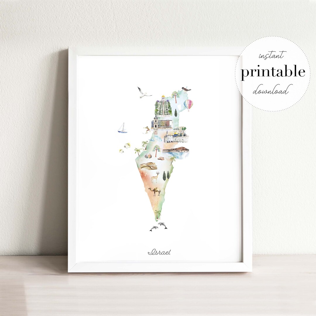 Israel Illustrated Map Printable, Wall Art Print, Nursery Decor ...