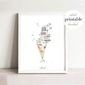 Israel illustrierte Karte Printable, Wand Kunst Druck, Kinderzimmer Dekor, Sehenswuerdigkeiten, Kinderzimmer, Kunst, Tier Karte, Landkarte, israel Karte