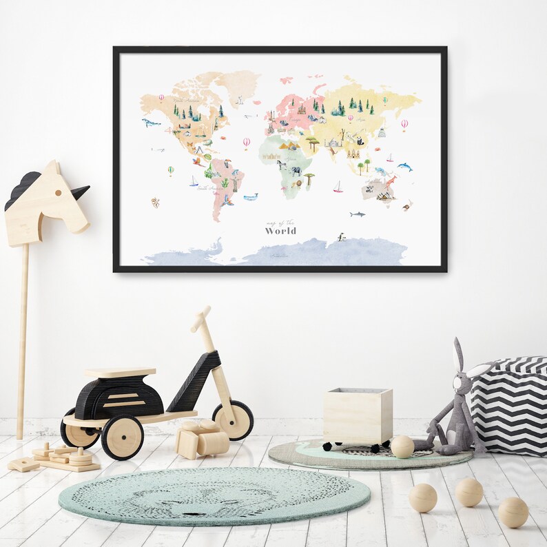 Illustrated Multicolor World Map Printable Nursery Decor Etsy