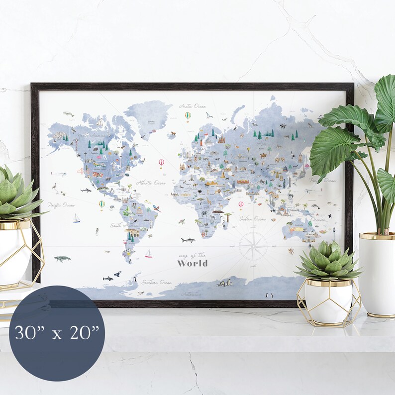 Blue Educational World Map Kids Wall Art nursery decor | Etsy