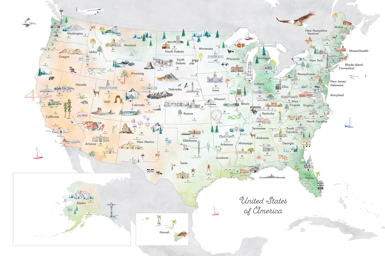 Educational United States Map Printable USA Map Kids Room - Etsy