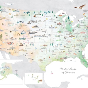 Educational United States Map Printable | USA Map | Kids Room Decor | Travel Print, Drawing, Map ...