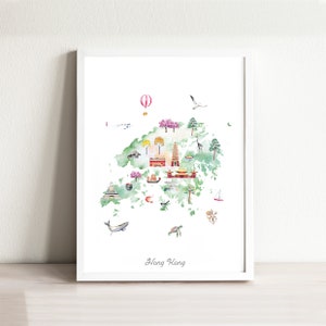 Hong Kong Karte illustrierter Kunstdruck | Reisen Wohnkultur | Weltkarte Print | Fernweh Kinderzimmer Dekor | Hong Kong Karte