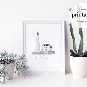 New London Harbor Lighthouse Printable, illustratie, kunstdruk aan de muur, interieur, bezienswaardigheden in de VS, kinderkamer, reisafdruk, connecticut