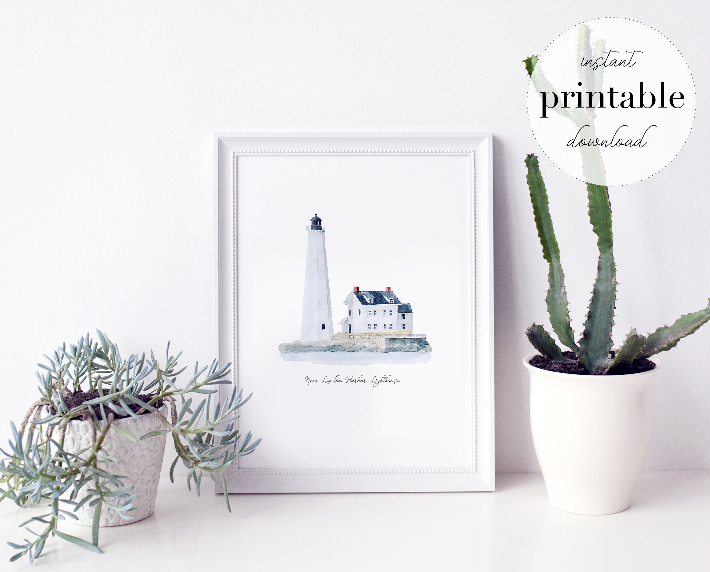 ニューロンドン港灯台の水彩画：コネチカット旅行アート（デジタル