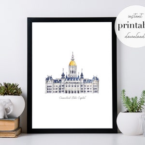 May include: A watercolor illustration of the Connecticut State Capitol building in Hartford, Connecticut. The building is depicted in shades of blue and gray with a gold dome. The text "Connecticut State Capitol" is printed below the building.