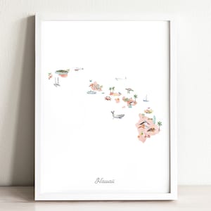 Hawaii Illustrated State Map, Hawaii wall art print, nursery decor, nursery wall art, state map poster, USA travel map, kids room