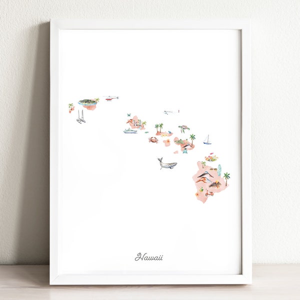 Hawaii Illustrated State Map, Hawaii wall art print, nursery decor, nursery wall art, state map poster, USA travel map, kids room