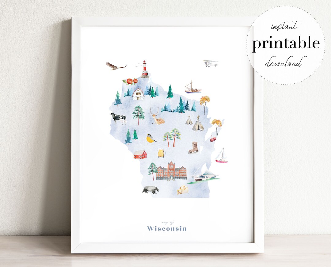 Wisconsin Printable State Map, Illustrated Wall Art Print, Nursery ...