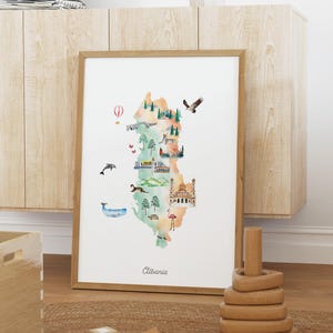 Albanie carte art impression illustrée, décoration aquarelle, affiche de carte de pays, art pour chambre d'enfant, carte de voyage, impression de carte, envie de voyager, décoration de voyage