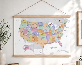 Spring Illustrated Reference United States Map with landmarks and animals | Hanging Canvas Educational Map | Reference Series