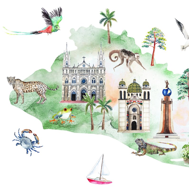 Puede incluir: Ilustraci&oacute;n acuarela de un mapa de Colombia con varios monumentos y animales. El mapa es verde y azul con fondo blanco. Los monumentos incluyen una iglesia, una estatua y un velero. Los animales incluyen un jaguar, una rana, un lagarto, un cangrejo, un mono y un p&aacute;jaro.