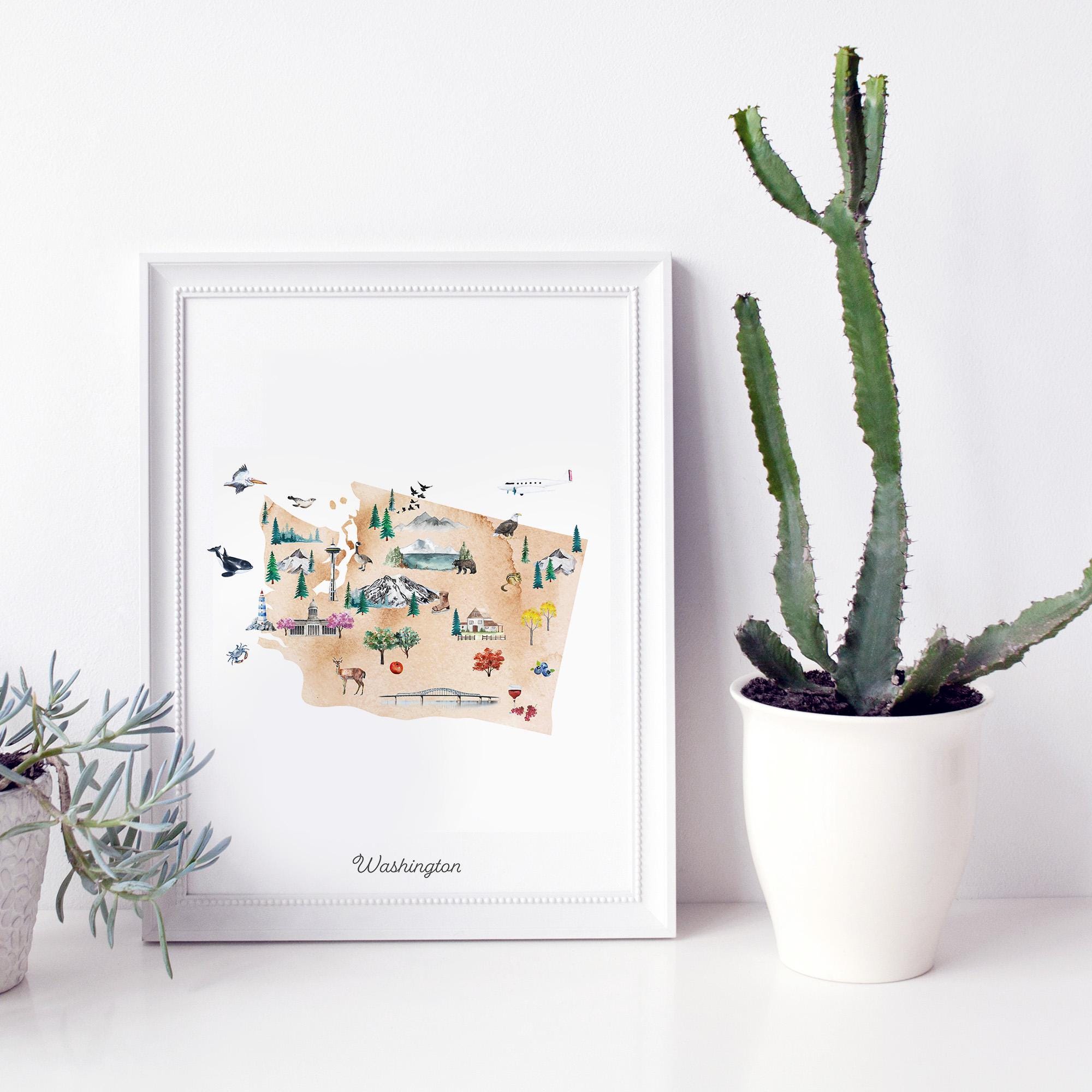 Washington State Map Art Print: Illustrated Watercolor Nursery Decor - Etsy
