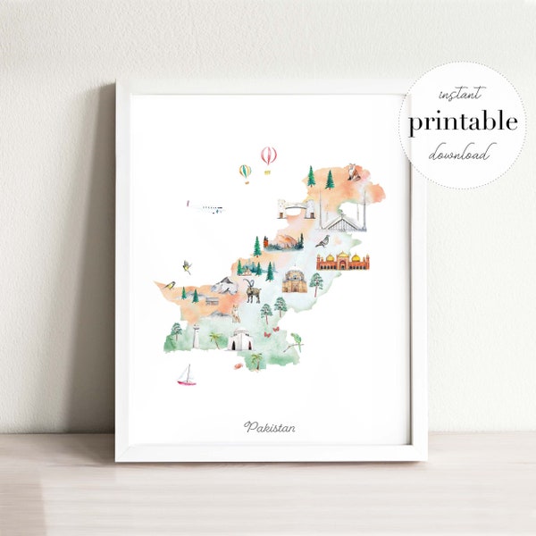 Pakistan Illustrated Map Printable | Nursery Decor Wall Art Print | Landmark Map Print | Travel Print | Country Map | Watercolor Drawing