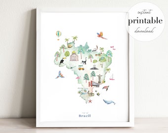 Brazil Illustrated Map Printable, wall art print, nursery decor, landmark, kids room, travel print, drawing, country map, brazil map, boho