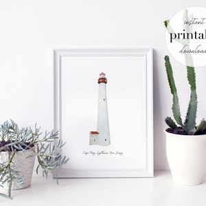 Cape May Lighthouse Imprimible, ilustración, impresión de arte, decoración de guardería, punto de referencia, habitación para niños, impresión de viaje, nueva jersey, acuarela, decoración del hogar